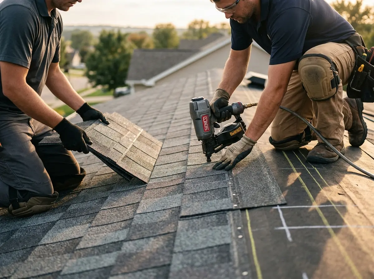 Professional roofer working on a residential roof in New Franklin